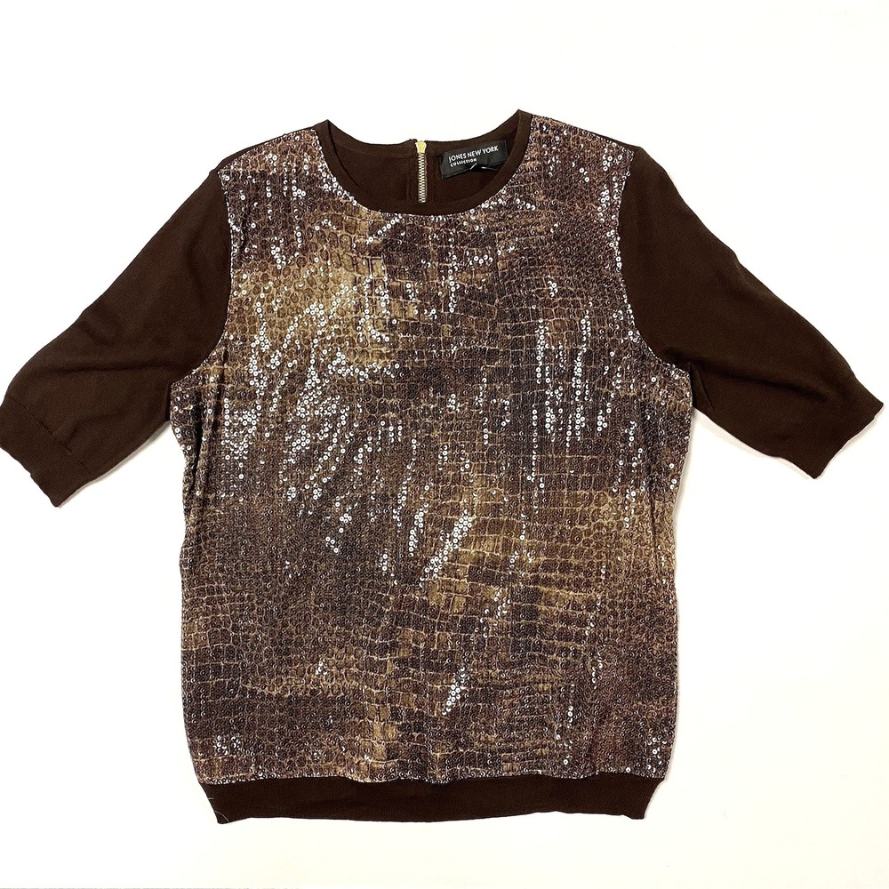 Women's Brown Snakeskin Sequin Short Sleeve Sweater Jones New York NOS Sz Medium